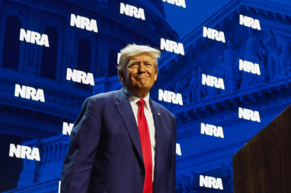 Former U.S. President Donald Trump attends the National Rifle Association (NRA) annual convention in Indianapolis, Indiana, U.S., April 14, 2023. Photo by Evelyn Hockstein/REUTERS