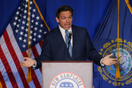 Florida Governor Ron DeSantis speaks at the 2023 NHGOP Amos Tuck Dinner in Manchester, New Hampshire, U.S., April 14, 2023. Photo by Brian Snyder/REUTERS
