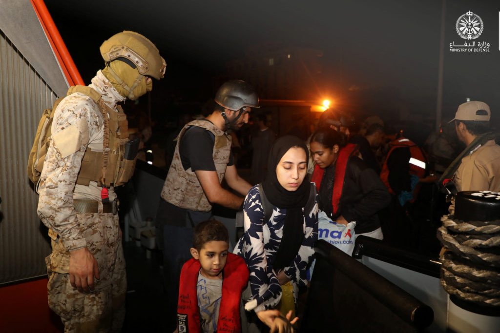 Saudi citizens and other nationals are evacuated through Saudi Navy Ship from Sudan to escape the conflicts, Port Sudan, S...