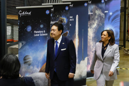 U.S. Vice President Kamala Harris and South Korean President Yoon Suk Yeol visit NASA's Goddard Space Flight Center, in Greenbelt, Maryland, U.S. April 25, 2023. Photo by Jonathan Ernst/REUTERS