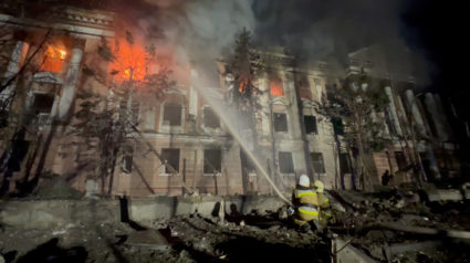 Firefighters work at a site of a building damaged by a Russian missile strike, amid Russia's attack on Ukraine, in Mykolaiv, Ukraine, in this screengrab taken from a handout video released on April 27, 2023. Photo provided by State Emergency Service of Ukraine/Handout via REUTERS