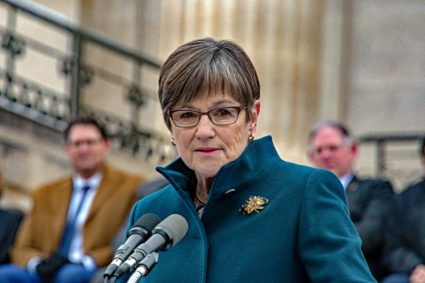 Democrat Gov. Laura Kelly delivers her inaugural speech is front of the steps of the Kansas State Capitol building Topeka, Kansas, January 14, 2019. Photo by Mark Reinstein/Corbis via Getty Images