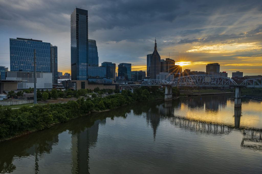 Sunset to night view of Nashville Skyline as seen over the Cumberland River. Photo by Joe Sohm/Visions of America/Universa...