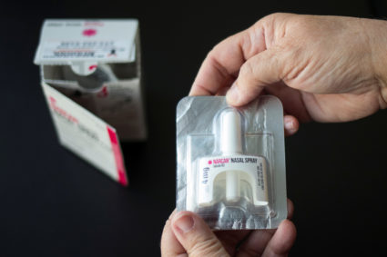A nurse holds NARCAN nasal spray medication at a outpatient treatment center in Indiana, Pennsylvania,