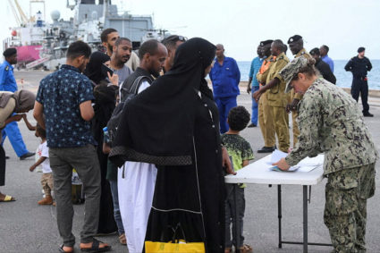 American nationals arrive for evacuation from the port in Port Sudan