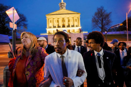 FILE PHOTO: Protesters gather, as Tennessee Republicans likely to expel two Democratic lawmakers from statehouse, in Nashv...