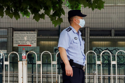A police officer keeps watch outside the U.S. embassy in Beijing, China August 4, 2022. Photo by Carlos Garcia Rawlins/REUTERS