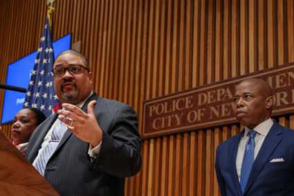 New York City Police Commissioner Keechant Sewell, (NYPD) New York City Mayor Eric Adams and New York County District Attorney Alvin Bragg, attend a news conference at 1 Police Plaza in New York City, U.S., April 18, 2023. Photo by Brendan McDermid/REUTERS