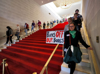 Abortion rights supporters file out of the North Carolina state legislature during a recess by the House of Representatives before its debate and vote on the SB20 bill limiting most abortions to the first trimester of pregnancy, a sharp drop from the state’s current limit of 20 weeks gestation, at the State Capitol in Raleigh, North Carolina, U.S. May 3, 2023. Photo by Jonathan Drake/REUTERS