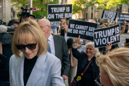 E. Jean Carroll, former U.S. President Donald Trump rape accuser, departs Manhattan Federal Court as the civil case goes into deliberations, in New York City, U.S., May 8, 2023. Photo by David 'Dee' Delgado/REUTERS