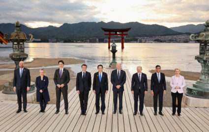 U.S. President Joe Biden, Germany's Chancellor Olaf Scholz, Britain's Prime Minister Rishi Sunak, European Commission President Ursula von der Leyen, President of the European Council Charles Michel, Italy's Prime Minister Giorgia Meloni, Canada's Prime Minister Justin Trudeau, France's President Emmanuel Macron and Japan's Prime Minister Fumio Kishida attend a family photo session at Itsukushima Shrine during G7 leaders' summit in Hatsukaichi, Hiroshima prefecture western Japan May 19, 2023, in this photo released by Kyodo. Photo provided by Kyodo via REUTERS