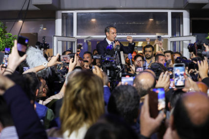 Greek Prime Minister and New Democracy Conservative party leader Kyriakos Mitsotakis speaks outside the party’s headquarters, after the general election, in Athens, Greece, May 21, 2023. Photo by Louiza Vradi/REUTERS