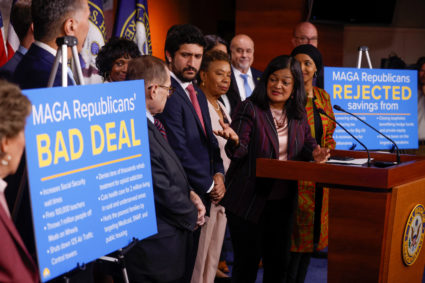 U.S. Representative Pramila Jayapal (D-WA) leads a House Progressive Caucus news conference on Capitol Hill in the midst of ongoing negotiations seeking a deal to raise the United States' debt ceiling and avoid a catastrophic default, in Washington, U.S. May 24, 2023. Photo by Jonathan Ernst/REUTERS