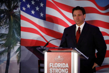 Florida Gov. Ron DeSantis speaks during the Florida Family Policy Council Annual Dinner Gala, in Orlando, Florida, U.S., May 20, 2023. As he toured the country before the formal announcement of his presidential bid on Wednesday, Florida Governor Ron DeSantis regaled crowds with the story of his surprising re-election victory last year in sprawling, largely Hispanic Miami-Dade County. REUTERS/Marco Bello/File Photo