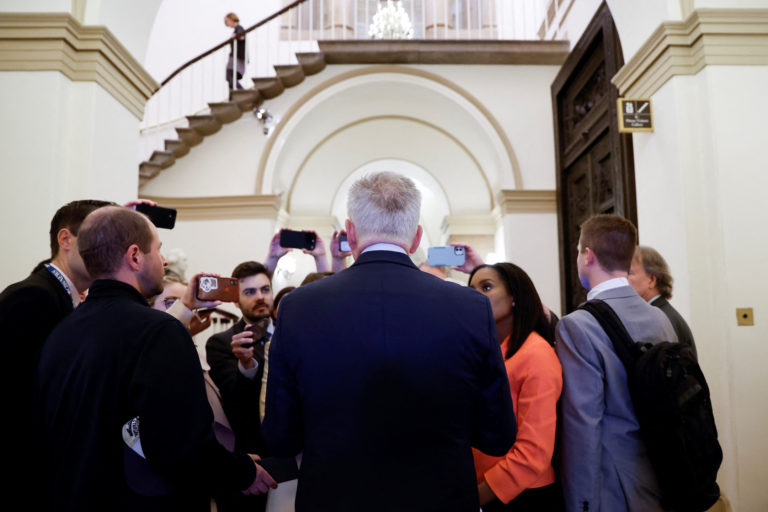 U.S. House Speaker McCarthy speaks with reporters about the United States' debt ceiling at the U.S. Capitol in Washington