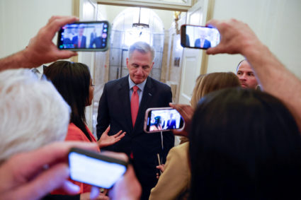 U.S. House Speaker McCarthy speaks with reporters about the United States' debt ceiling at the U.S. Capitol in Washington