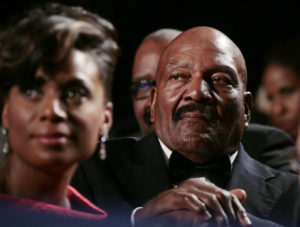 Jim Brown listens to Obama at the National Action Network's Keepers of the Dream Awards Gala in New York