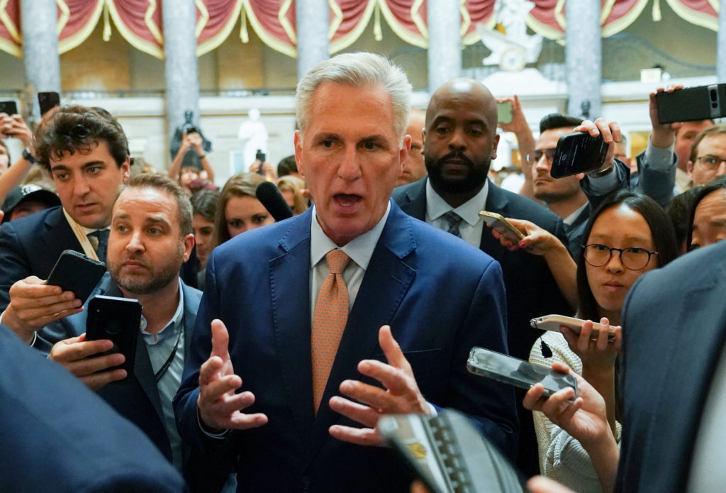 Speaker of the House Kevin McCarthy speaks about the debt ceiling at the U.S. Capitol in Washington