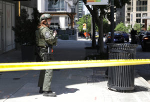 Law enforcement officers arrive after reports of several casualties from a gunman in a downtown hospital in Atlanta