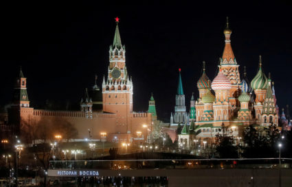 The Kremlin is seen before the lights are switched off for Earth Hour in Moscow, Russia, March 30, 2019. Photo by Maxim Shemetov/REUTERS