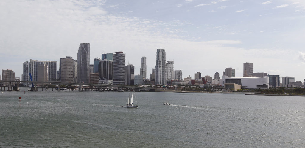 A portion of the City of Miami's skyline, along with the American Airlines Arena (R), home of the NBA's Miami Heat, is see...