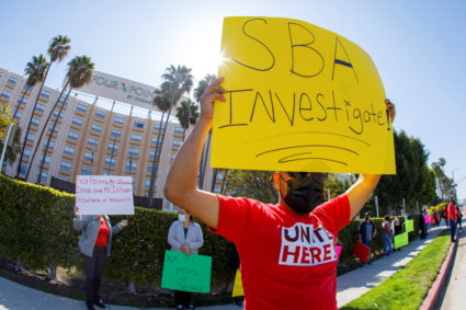 Laid-off hospitality workers protest outside closed hotel in Los Angeles