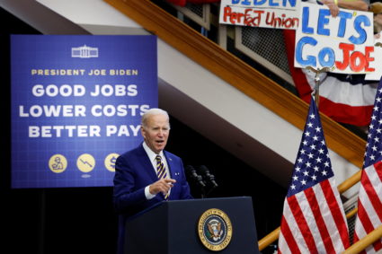 U.S. President Joe Biden delivers remarks on the economy at the IBEW Local 26 in Lanham