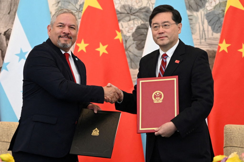 Honduras Foreign Minister Eduardo Enrique Reina meets Chinese Foreign Minister Qin Gang in Beijing