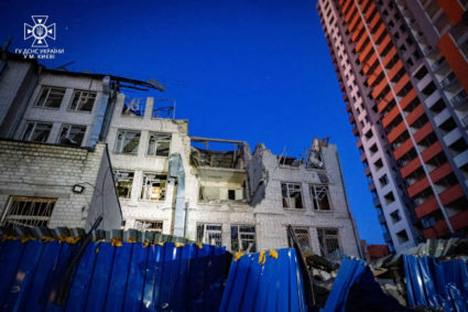 A view shows an office building damaged during Russian missile strikes, amid Russia's attack on Ukraine, in Kyiv, Ukraine June 1, 2023. Photo provided by the press service of the State Emergency Service of Ukraine in Kyiv/Handout via REUTERS