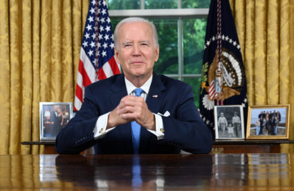 US President Joe Biden addresses the nation on averting default and the Bipartisan Budget Agreement, in the Oval Office of the White House in Washington, DC, June 2, 2023. Photo by JIM WATSON/Pool via REUTERS