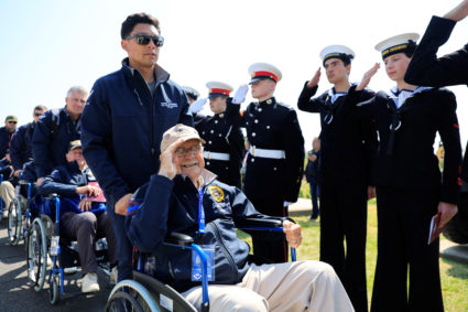 U.S. World War II veterans leave a remembrance ceremony at the Pegasus Bridge memorial in Benouville, Normandy, France, June 5, 2023. Photo by Pascal Rossignol/REUTERS