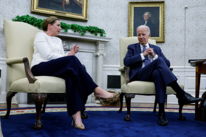 Danish Prime Minister Mette Frederiksen meets with U.S. President Joe Biden in the Oval Office at the White House in Washington, U.S., June 5, 2023. Photo by Evelyn Hockstein/REUTERS