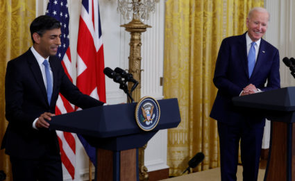 U.S. President Joe Biden listens as Britain's Prime Minister Rishi Sunak addresses a joint news conference in the East Room at the White House in Washington, U.S., June 8, 2023. Photo by Evelyn Hockstein/REUTERS