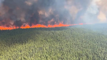 Smoke rises from a wildfire in Tumbler Ridge