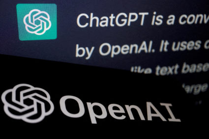 The logo of OpenAI is displayed near a response by its AI chatbot ChatGPT on its website, in this illustration picture taken February 9, 2023. Photo by Florence Lo/Illustration/REUTERS