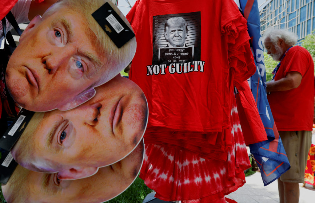 A view of memorabilia depicting former U.S. President Donald Trump near the Wilkie D. Ferguson Jr. United States Courthous...