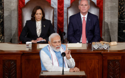 India's Prime Minister Narendra Modi addresses a joint meeting of the U.S. Congress as U.S. Vice President Kamala Harris and Speaker of the House Kevin McCarthy listen behind him in the House Chamber of the U.S. Capitol in Washington, U.S., June 22, 2023. Photo by Jonathan Ernst/REUTERS