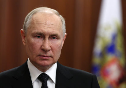 Russian President Vladimir Putin gives a televised address in Moscow