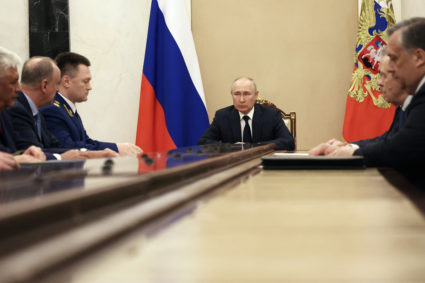 Russian President Vladimir Putin holds a meeting with heads of Russian security services in Moscow