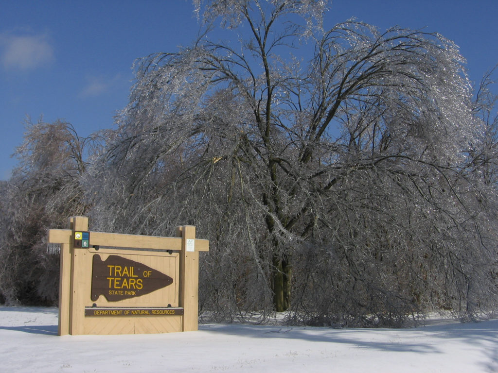 Nine of the 13 Cherokee groups crossed the Mississippi River during harsh winter conditions in 1838 and 1839 as they were forcibly relocated to Oklahoma. That site is now known as the Trail of Tears State Park in Missouri. Photo courtesy of Missouri State Parks