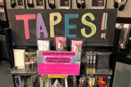Cassette tapes are seen on display at the Rough Trade NYC record store in Brooklyn, New York