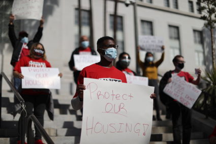 People protest for the Los Angeles City Council to vote against adding more short-term rental units, and call for more aff...