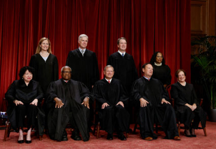 U.S. Supreme Court justices pose for their group portrait at the Supreme Court in Washington, U.S., October 7, 2022. Seated (L-R): Justices Sonia Sotomayor, Clarence Thomas, Chief Justice John G. Roberts, Jr., Samuel A. Alito, Jr. and Elena Kagan. Standing (L-R): Justices Amy Coney Barrett, Neil M. Gorsuch, Brett M. Kavanaugh and Ketanji Brown Jackson. Photo by Evelyn Hockstein/REUTERS