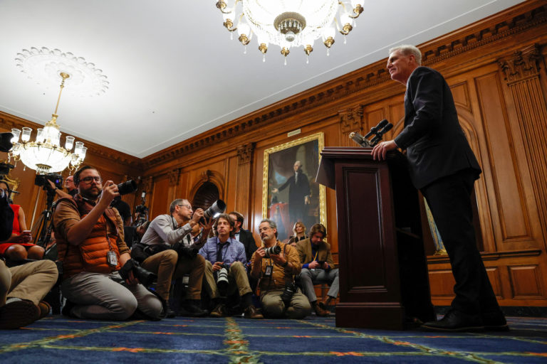 U.S. House Speaker Kevin McCarthy (R-CA) holds a press conference in Washington