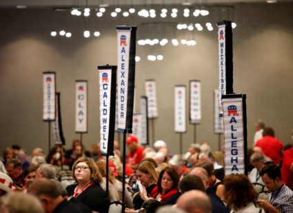 Delegates representing various counties attend the North Carolina GOP convention on the day former U.S. President Donald Trump was expected to speak at the gathering in Greenville, North Carolina, U.S. June 5, 2021. Photo by Jonathan Drake/REUTERS