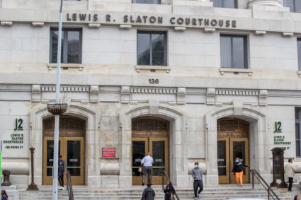 The exterior of the Fulton County Lewis R. Slaton Courthouse, in Atlanta, Georgia
