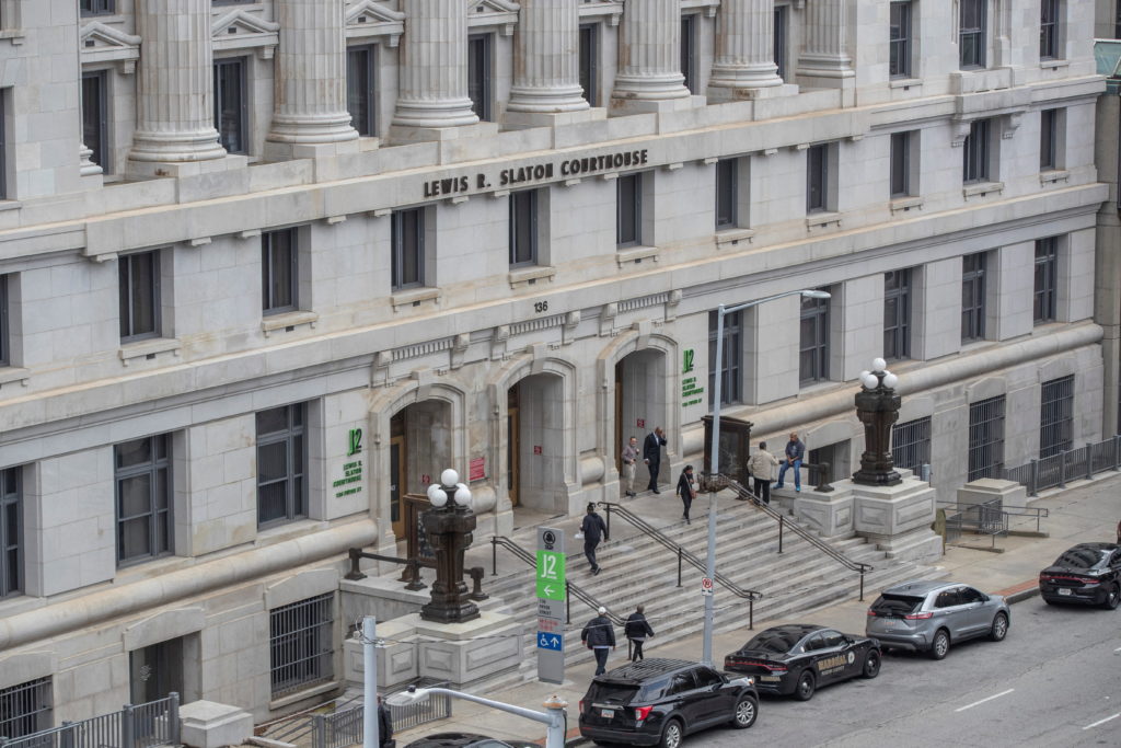 The exterior of the Fulton County Lewis R. Slaton Courthouse, in Atlanta, Georgia