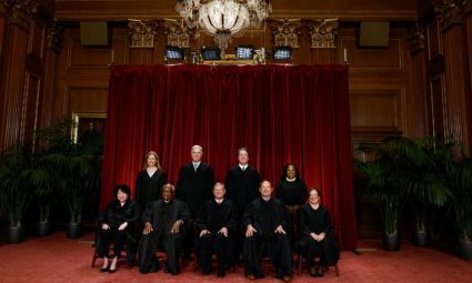 U.S. Supreme Court justices Amy Coney Barrett, Neil M. Gorsuch, Brett M. Kavanaugh, Ketanji Brown Jackson, Sonia Sotomayor, Clarence Thomas, Chief Justice John G. Roberts, Jr., Samuel A. Alito, Jr. and Elena Kagan pose for their group portrait at the Supreme Court in Washington, D.C., Oct. 7, 2022. Photo by Evelyn Hockstein/REUTERS