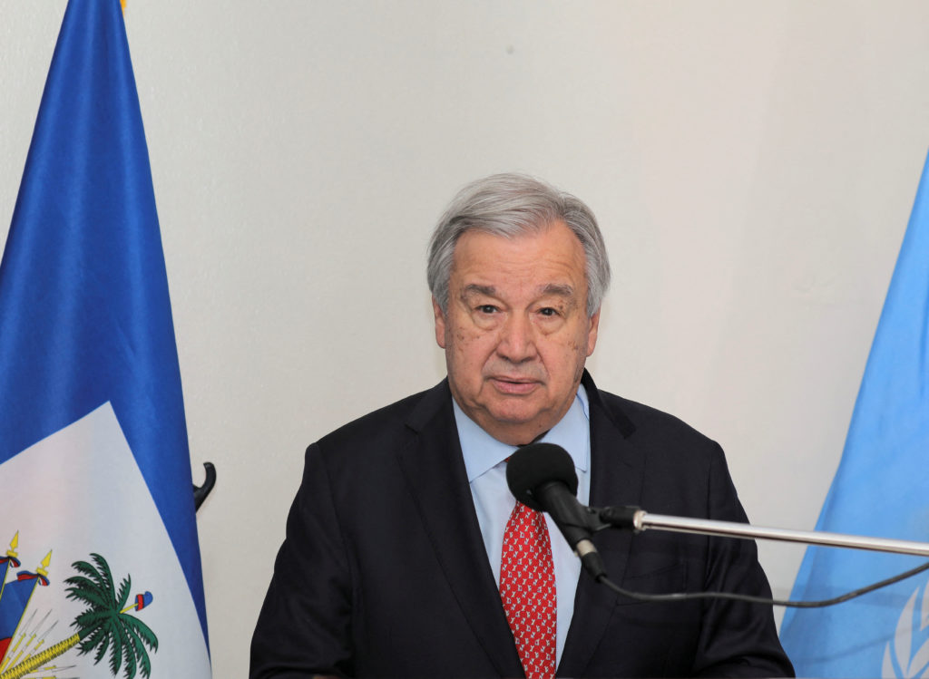 United Nations Secretary-General Antonio Guterres speaks during a press conference at the diplomatic lounge of the Toussai...