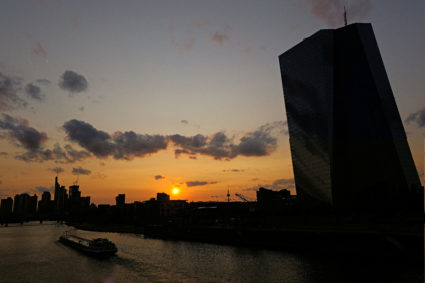 The sun sets behind the skyline in Frankfurt, Germany, July 3, 2023. Photo by Kai Pfaffenbach/REUTERS